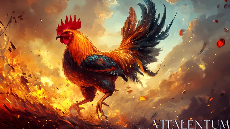 Rooster stands in fiery landscape amid dynamic clouds and sparks