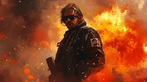 Armored soldier stands defiant amid blazing explosions.