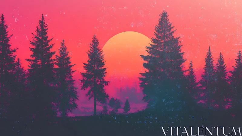 Neon gradient sunset behind silhouetted conifer forestscape.