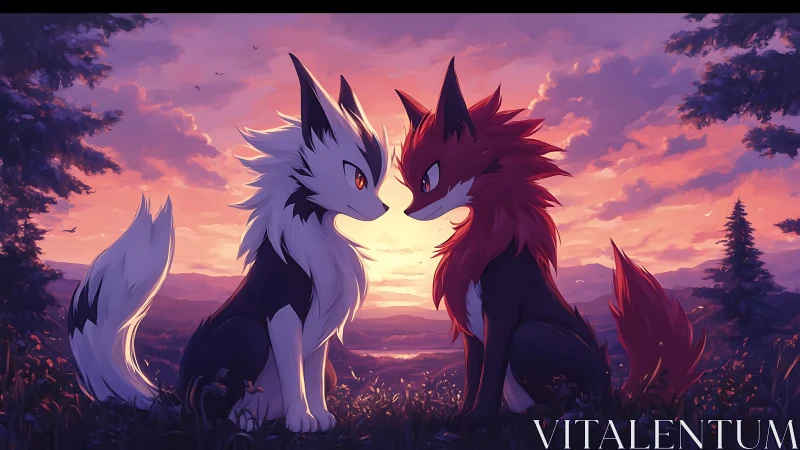 Twilight fox spirits sharing a quiet, glowing horizon moment.