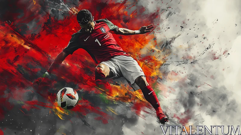 Crimson comet of football slices through a storm of paint