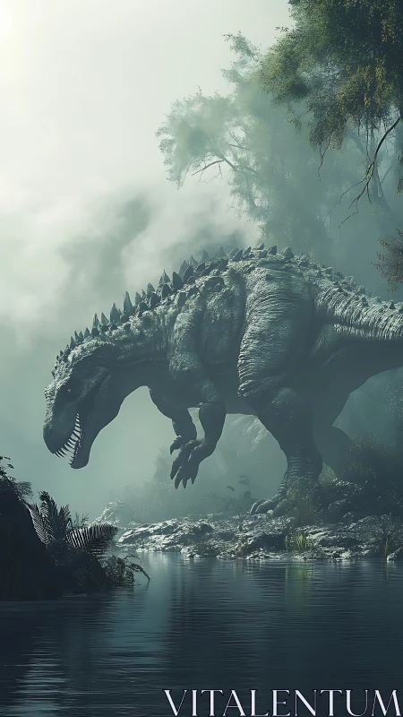 Mist-walking jungle titan prowls a primeval rivershore.