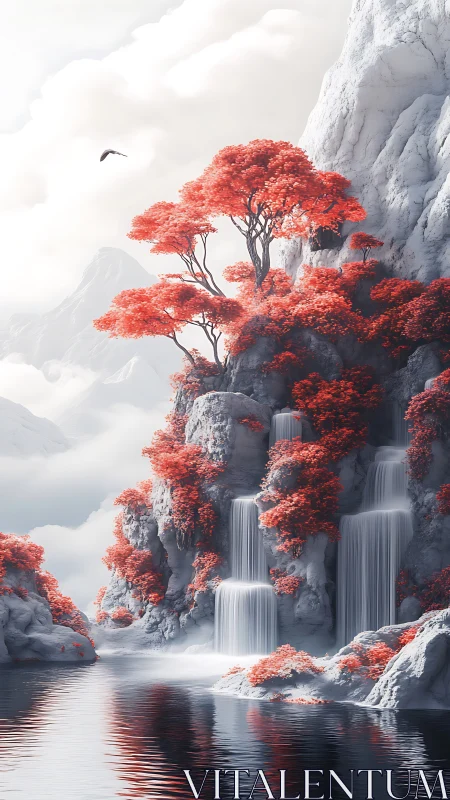 Crimson cascades under pale cliffs in dreamlike silence.