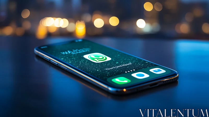 Smartphone with messaging app icon on desk in urban night bokeh