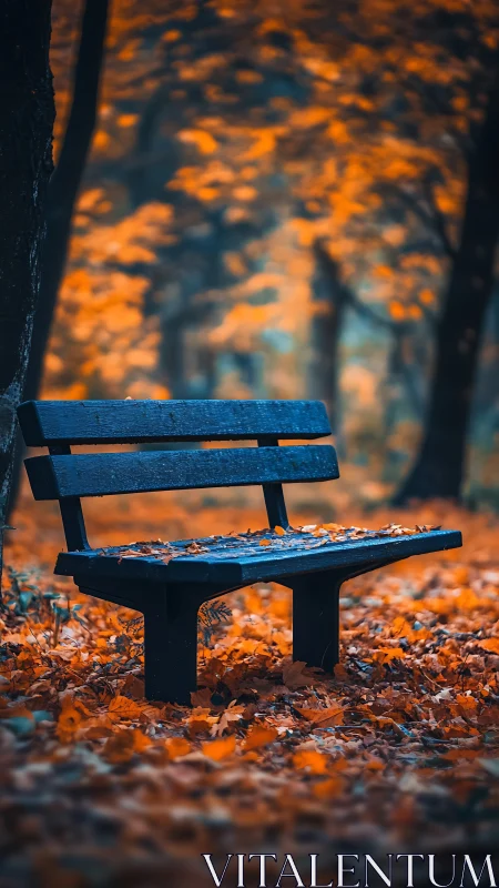 Isolated park bench in shallow depth autumn woodland scene