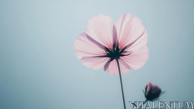 Pink cosmos flower silhouetted against misty sky.