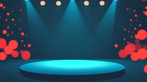 Circular stage under blue spotlights with red bokeh orbs