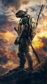 Armored humanoid turtle warrior on rocky ridge at sunset.