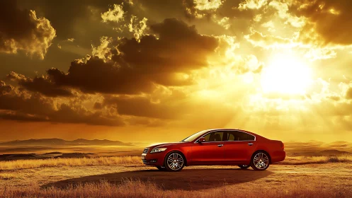 Red sedan parked on dirt road under intense desert sunset