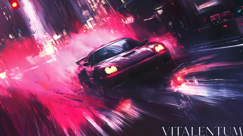 Neon-lit sports coupe drifting through rain-soaked cyber street