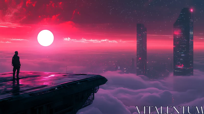 Solitary observer surveys neon magenta megacity above clouds