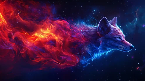Nebula fox silhouette in deep space with flowing colors.
