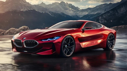 Red BMW concept coupe on reflective alpine landscape surface.