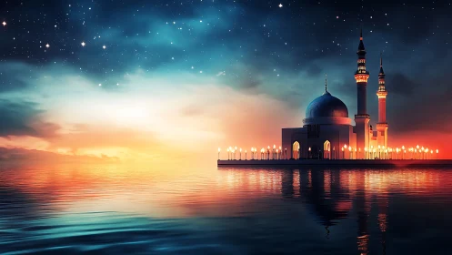 Starlit sea mosque drifting on molten sunset waters.