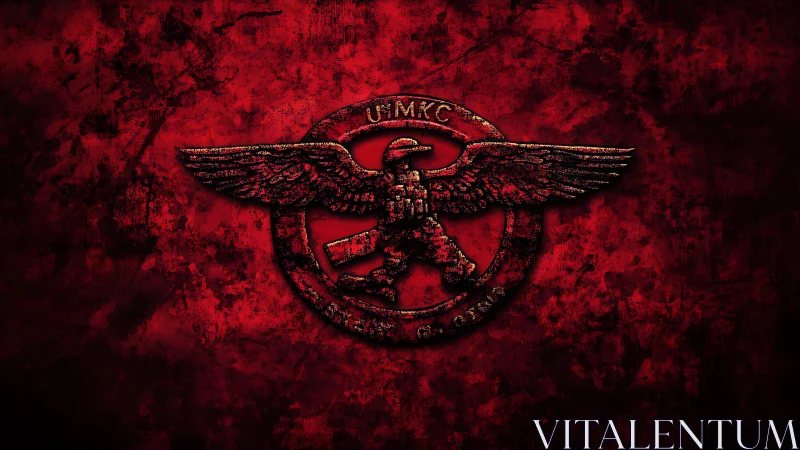 Winged emblem with walking figure dominates distressed red field