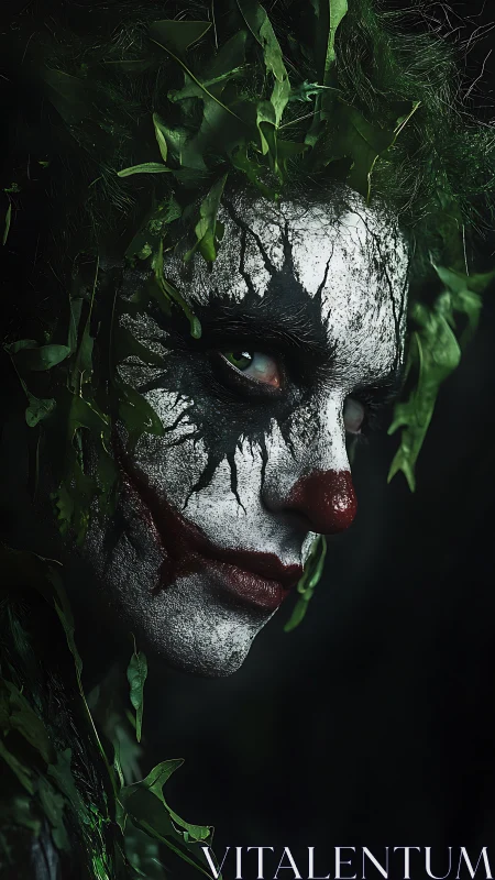 Forest trickster glares through cracked clown paint and leaves