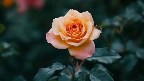 Peach Rose Bloom Against Dark Foliage. Soft Gradient.