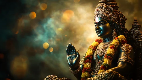 Divine blue-hued deity statue glows amid ethereal light.