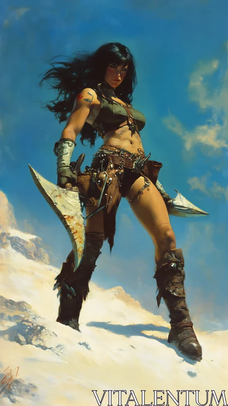 Fierce desert warrior stands ready with twin curved blades.