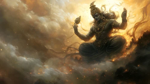 Celestial deity drifts through blazing clouds of dawnfire.