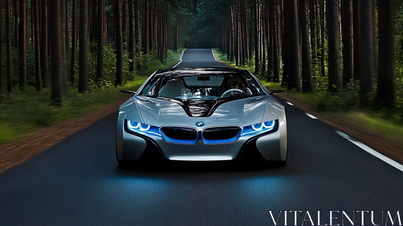 Futuristic silver sports car speeds along forest highway at dusk