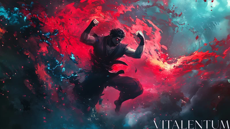 Martial figure amid red and teal abstract energy field.