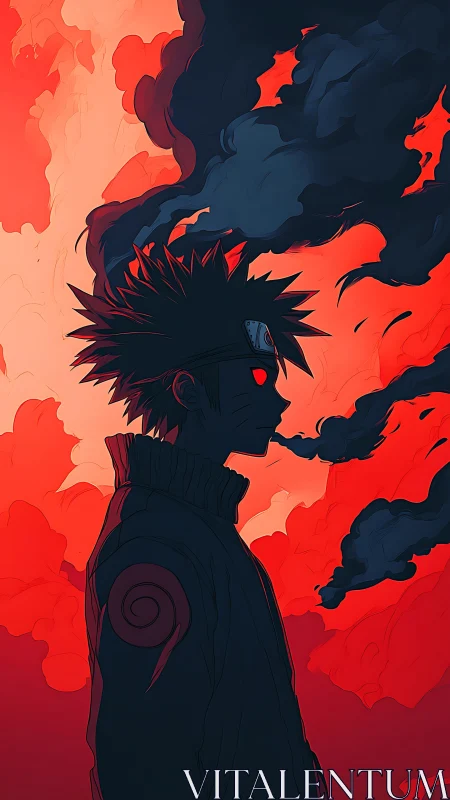 Silhouetted shinobi exhales storm-dark smoke into red skies
