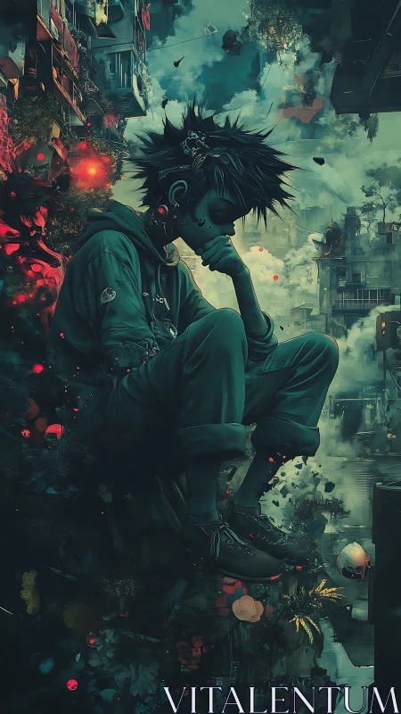 Cyberpunk loner above neon-scarred dystopian cityscape.