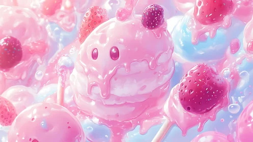 Cute Pink Blob Character with Candy Spheres in Glossy Pastel Scene.