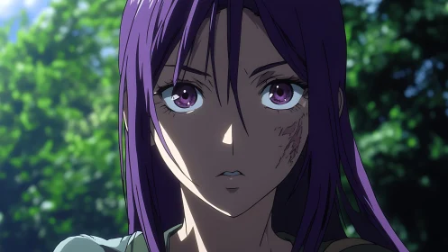 Purple haired anime girl with scar in forest light.