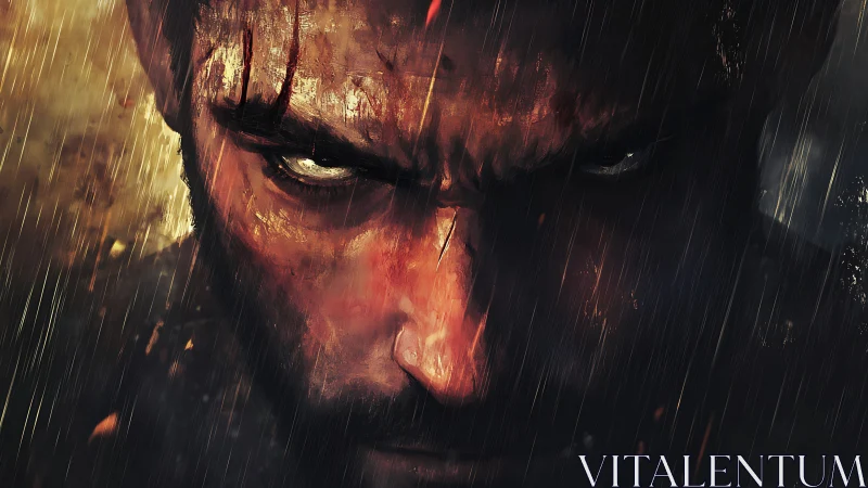 Battle-scarred warrior portrait under cinematic storm lighting.