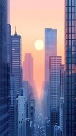 Soft sunrise over a quiet pastel city street canyon.