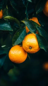 Citrus jewels glowing under rain-kissed emerald leaves.