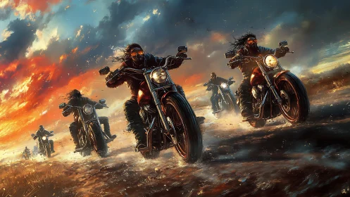 Digital painting of bikers racing through stormy wasteland.