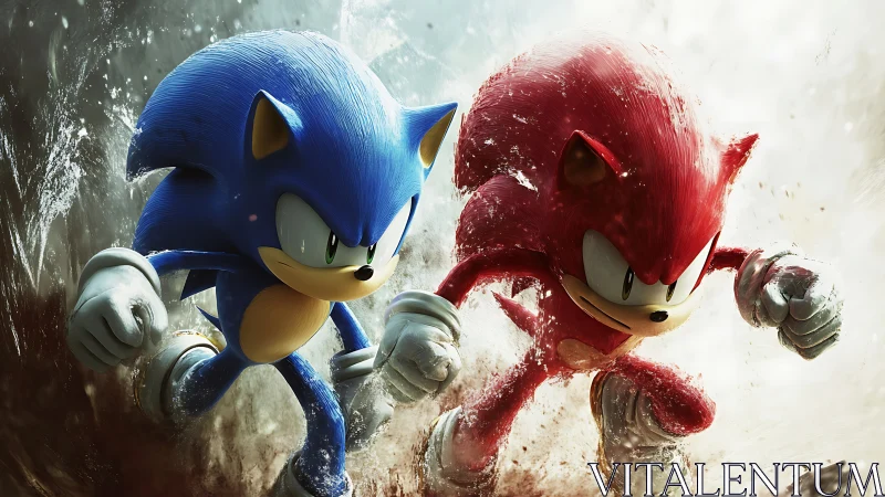 3D hedgehog duo sprint through explosive water effects.