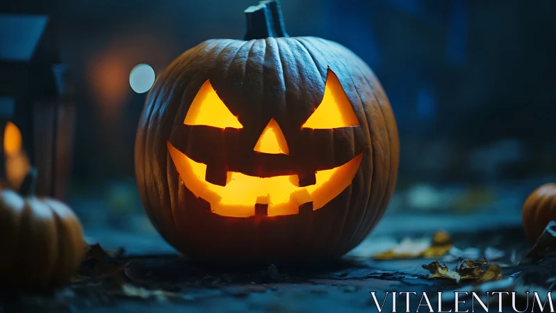 Lit carved pumpkin jack o lantern sits on ground at night