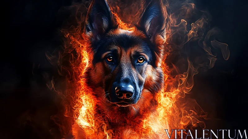 German shepherd face framed by stylized surrounding flames