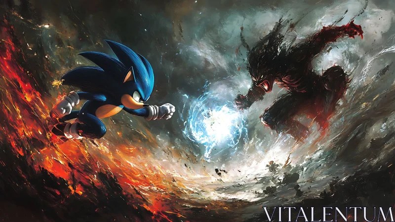 Blue hedgehog figure confronting dark entity in vortex.