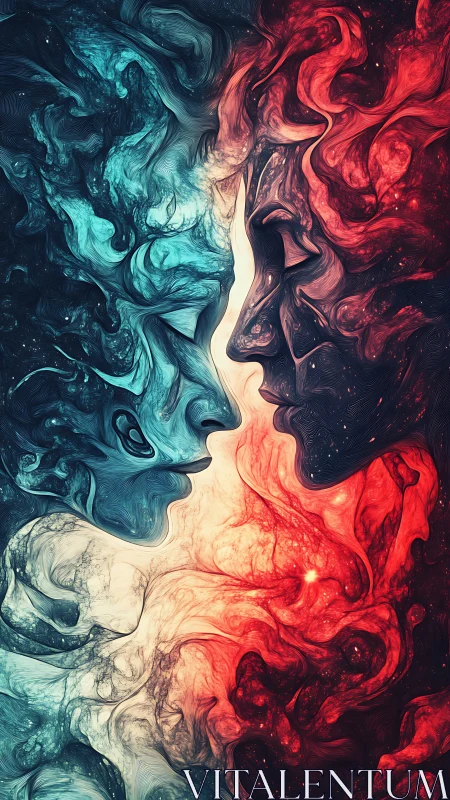 Dual elemental faces entwined in swirling cosmic vapor.