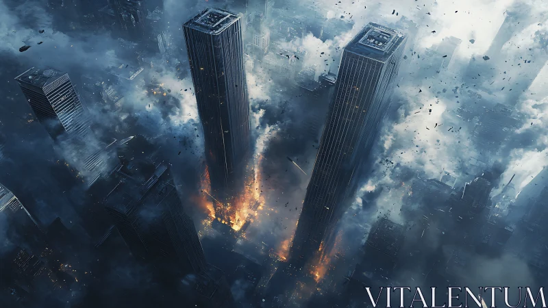 Twin skyscrapers collapse amid fiery urban devastation.