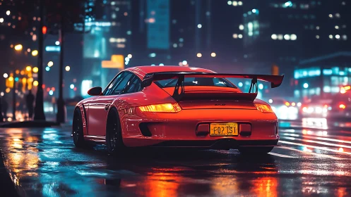 Red sports car glows against neon soaked midnight city streets