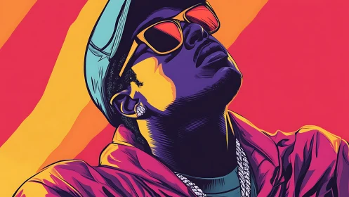 Bold pop art portrait of man in cap and sunglasses.