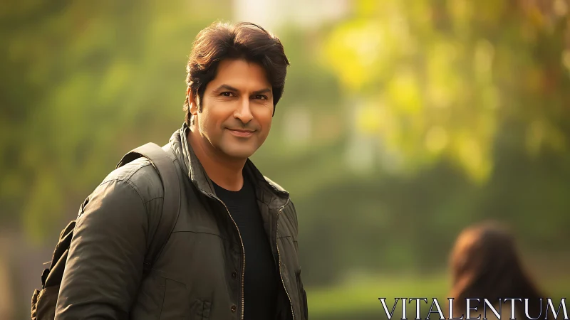 Softly lit man outdoors with backpack in warm bokeh scene.