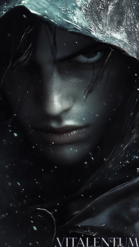 Hooded figure in snow with intense, shadowed expression.