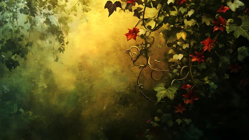 Golden forest light gently embraces winding ivy and flowers