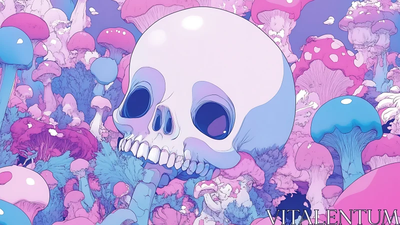 Human skull rests among bioluminescent pastel mushrooms