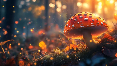 Autumn forest mushroom under cinematic golden rim light.