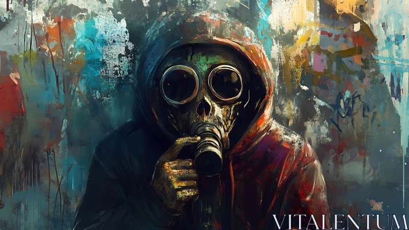 Hooded figure in gas mask against abstract painted wall.
