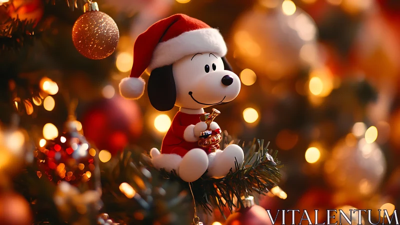 Christmas beagle ornament on festive tree with warm bokeh glow.