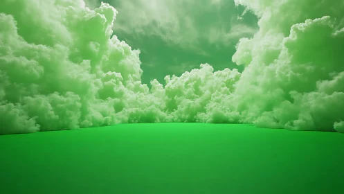 Monochrome green cloudscape over simplified curved terrain.